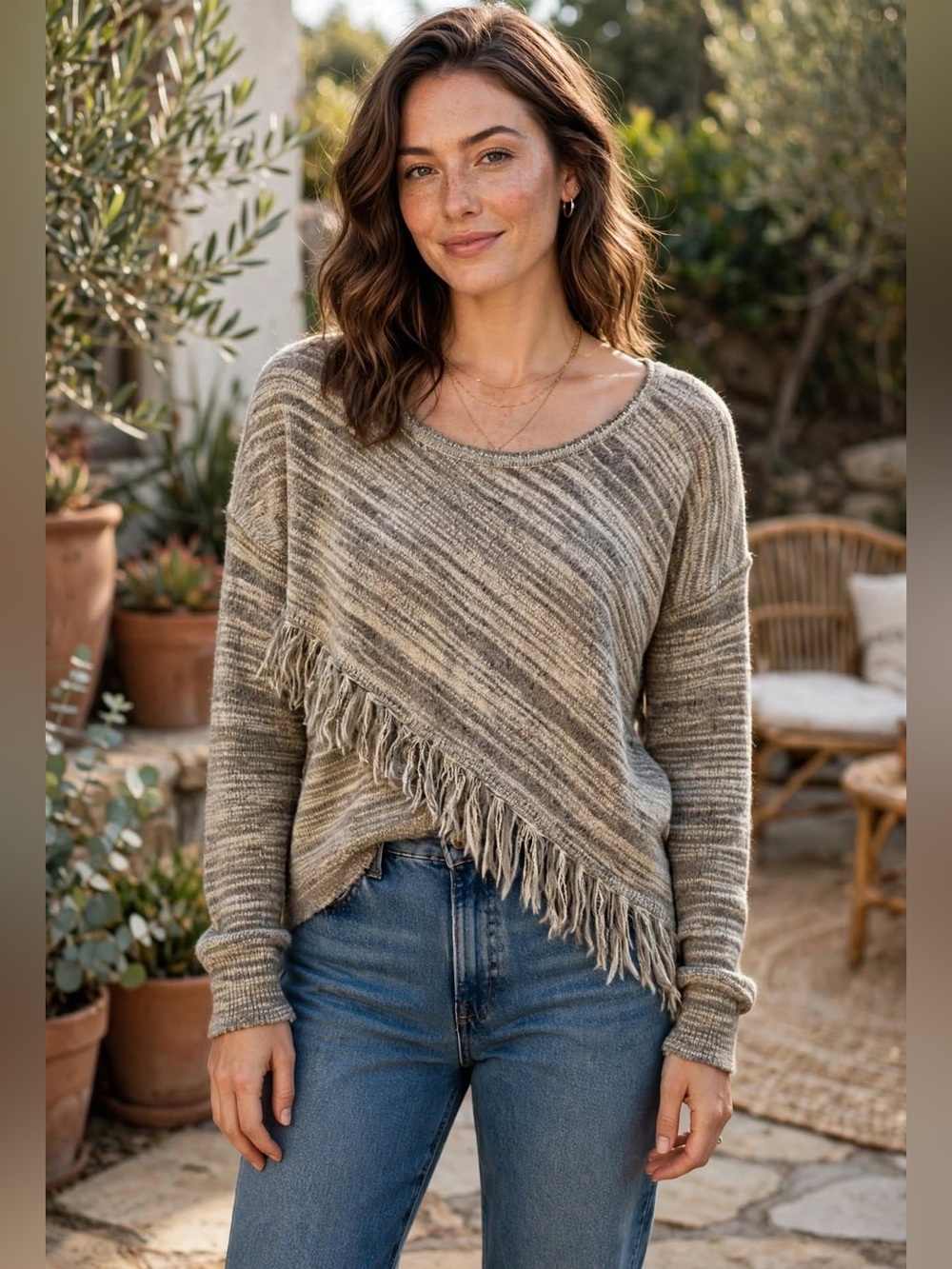 Vintage America PM Taupe Cream Fringe Knit Scoop Neck Boho Sweater